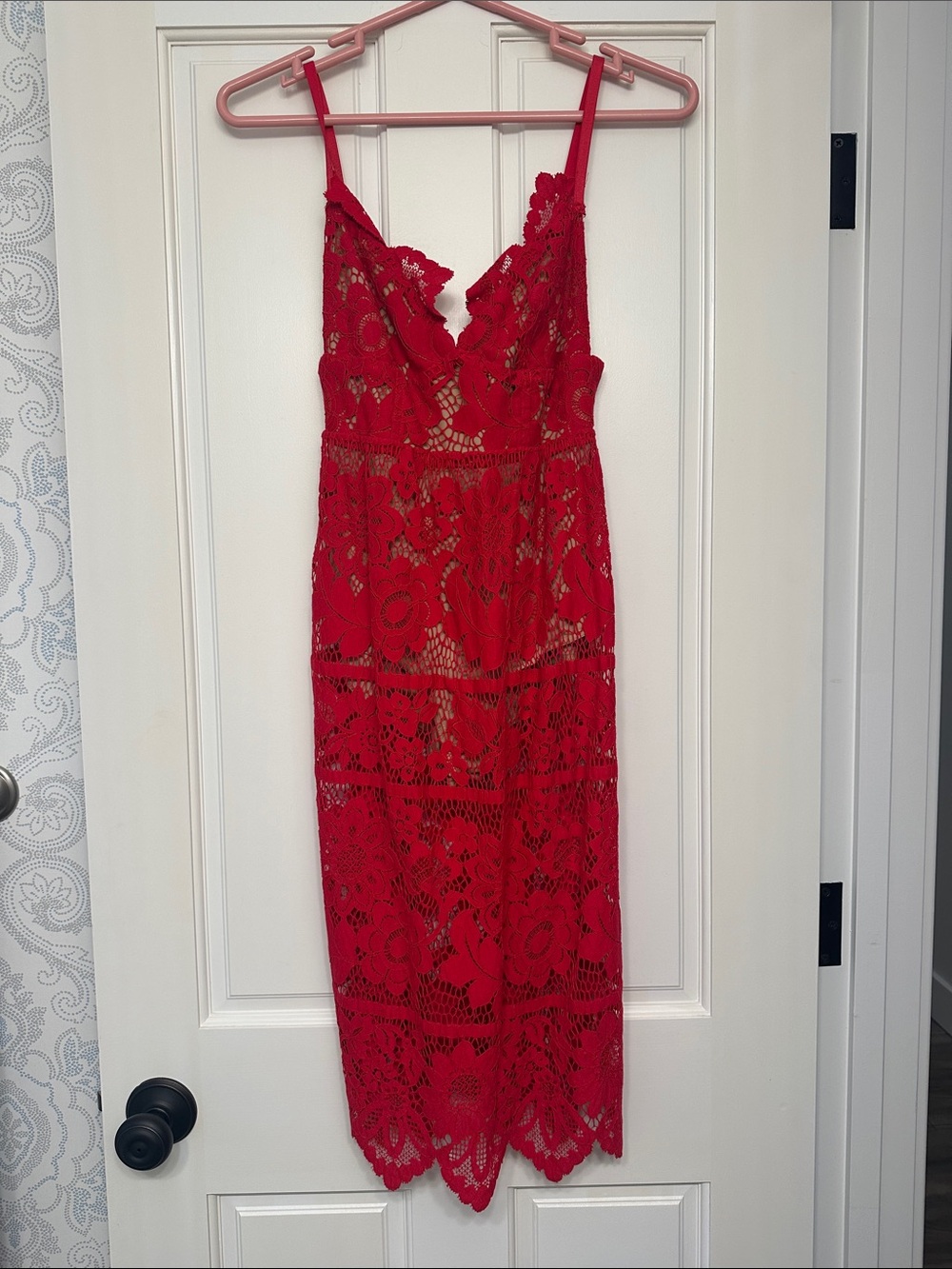 For Love & Lemons Red Lace Midi Dress with Spaghetti Straps